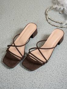 Giày sandal cao gót đen nữ, giày cao gót đen tối giản, giày đen, giày mùa hè, sandal buộc dây, giày bít mũi. - màu nâu - Xem 2
