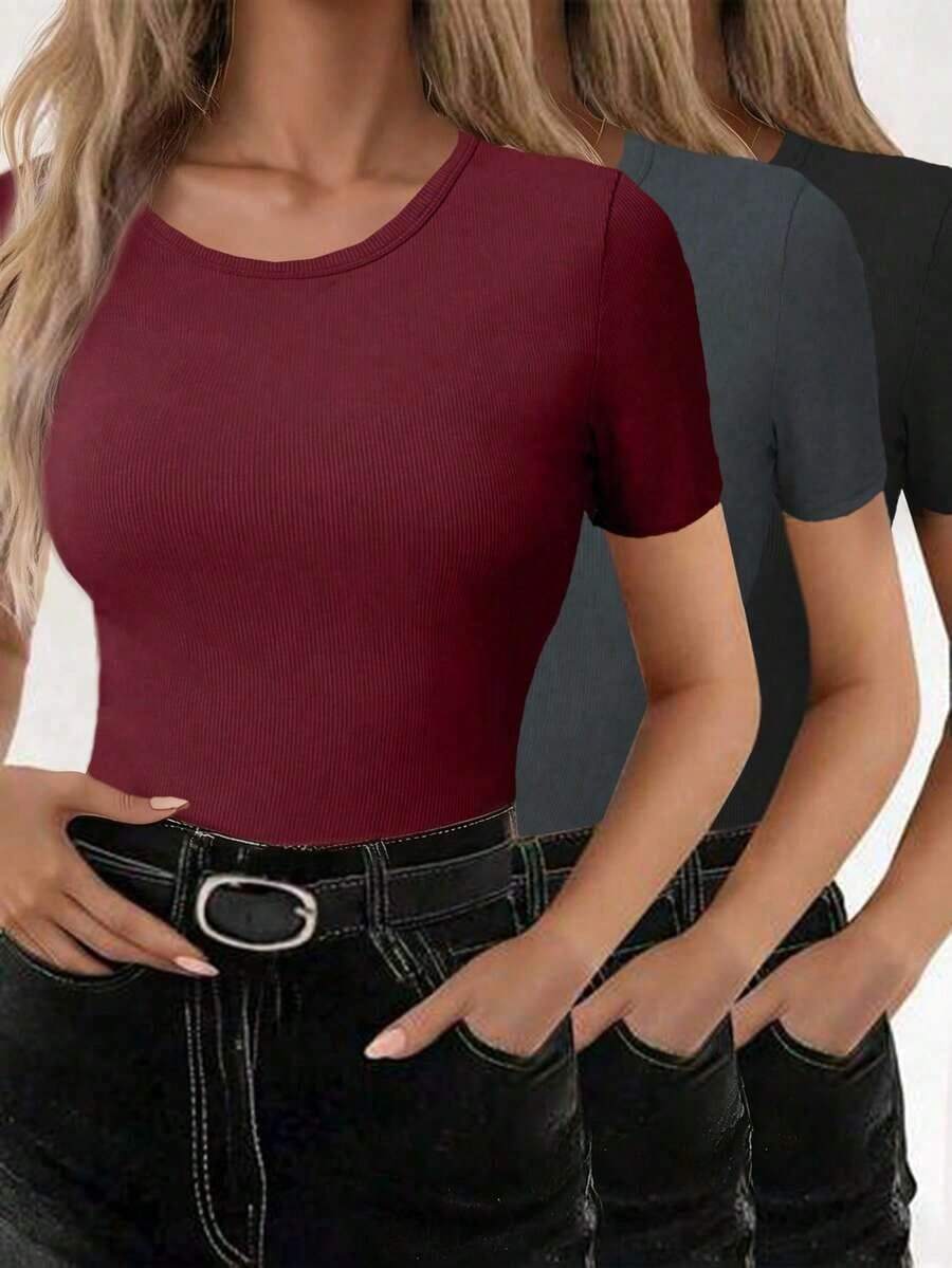 Camiseta casual de mujer de unicolor de manga corta y acanalada - Multicolor 5 - Ver 1