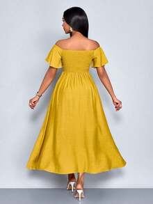 Vestido elegante de resort para mujer con escote y ajuste ceñido, apto para vacaciones, vida diaria y citas - Amarillo - Ver 2