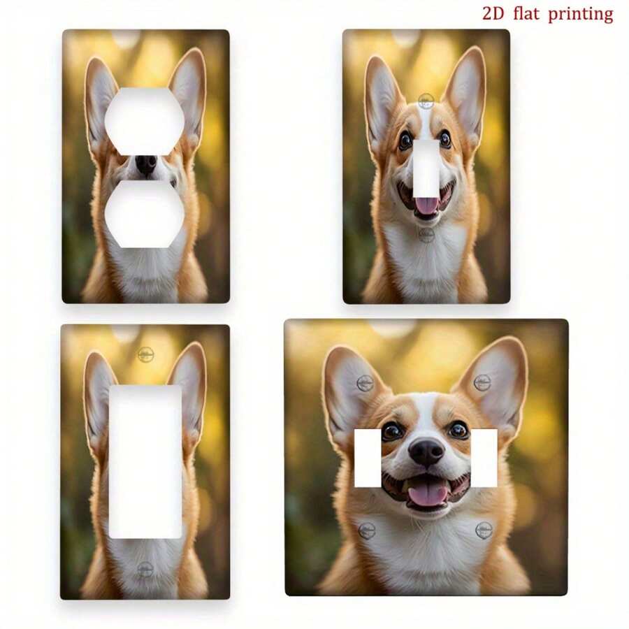 1个柯基犬笑脸图案开关面板盖,2D平面印刷,耐用PC塑料材质,趣味装饰,适用于卧室、厨房、客厅,无需钻孔即可轻松安装。 - 彩色 - 查看 1