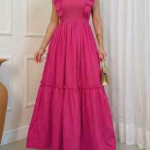 Women's Elegant Holiday Solid Color Cap Sleeve Ruched Patchwork Short Casual Dress, Spring/Summer - Rosa Fucsia - Ver 5