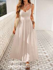 Vestido de playa para mujer con cuello en V, espalda descubierta, cintura ceñida y bajo suelto - Albaricoque 2 - Ver 6