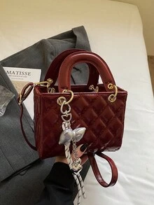 時尚新款女款手提包，純色極簡 PU 方形包，優雅時髦氛圍，適合約會、購物，百搭，附吊飾，情人節理想禮物 - 酒紅色 - 查看 11