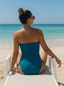 Elegant Solid Color Backless One-Piece Swimsuit, Sexy & Suitable For Vacation & Beach, Summer - Teal Blue - View 3