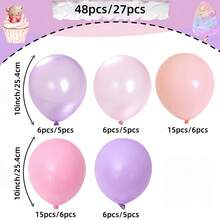 48个/27个乳胶气球套装，10英寸，包含柔粉色、马卡龙粉、马卡龙紫，适用于一周岁生日派对、周年纪念、派对装饰、婚礼、家庭聚会、气球拱门、婚房装饰 - 多色 - 查看 4