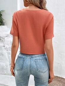 con botones frontales sólidos, blusas de mujer, tops de manga corta - Óxido marrón - Ver 4