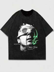 ROMWE MEN Grunge Punk Herren Vintage Distressed Figur Silhouette Print Kurzarm T-Shirt, High Street Style - Schwarz - Übersicht 6