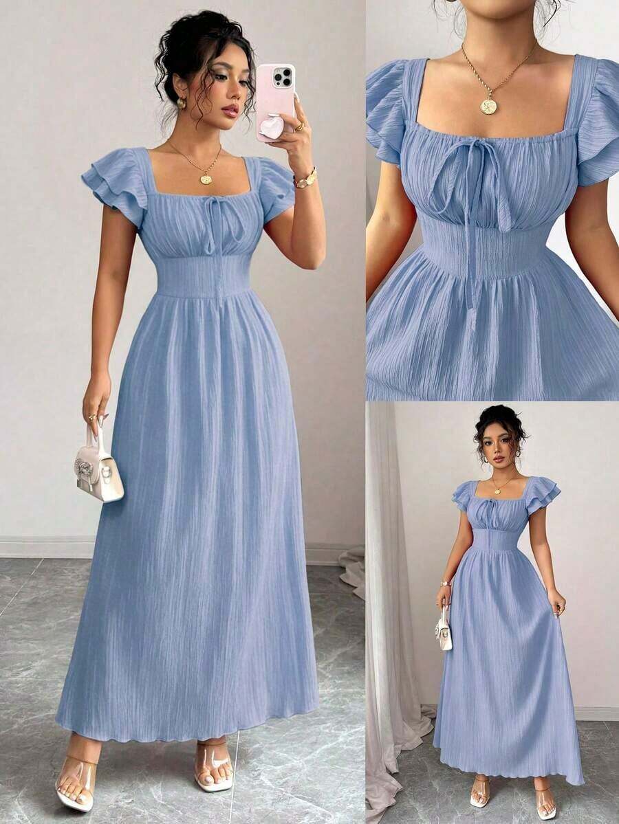 Nuevo vestido elegante para mujer con cuello cuadrado, mangas con volantes en capas, lazo en la parte delantera, diseño de lazada en la espalda, cintura entallada, diseño estilizante y de moda para jóvenes - Azul - Ver 1