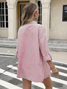 Conjunto de camisa y pantalones cortos de rayas verticales de moda para mujer - Rosa - Ver 2