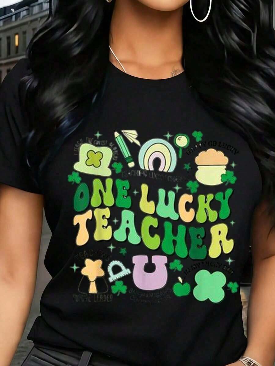 Camisetas estampadas de moda para mujer, tops de estilo urbano de talla grande, camisetas de verano cómodas y elegantes que combinan con todo. Camiseta de mujer con estampado del Día de San Patricio, diseño de "Un Maestro Afortunado", informal para la escuela y ocasiones festivas. - Negro - Ver 1