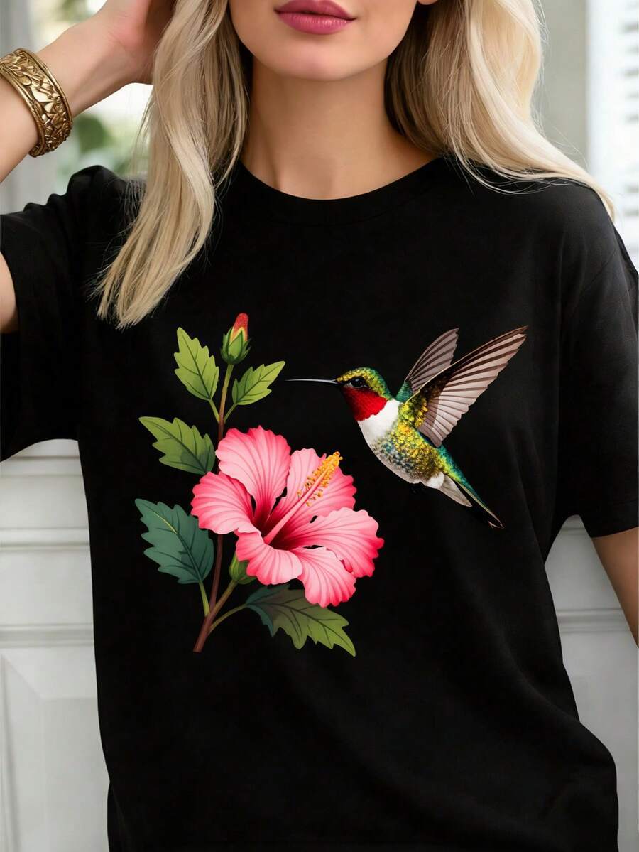 Camiseta casual para mujer de cuello redondo con estampado de colibrí, tejido cómodo y transpirable,playeras de mujer.Ideal para uso diario, regalos y atuendos de festividades. Disponible en varias tallas