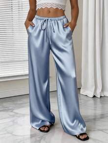 1pc Solid Color Drawstring Pocket Pants, Suitable For Home, Daily Wear, Holidays, Singles Party, Satin, All Seasons Spring - Sky Blue - View 3