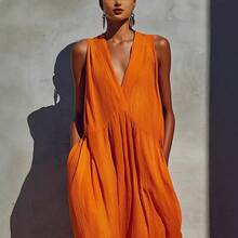 Vestido midi de verano para mujer escote en V unicolor talla grande moda vacaciones nuevo diseño - Naranja - Ver 2