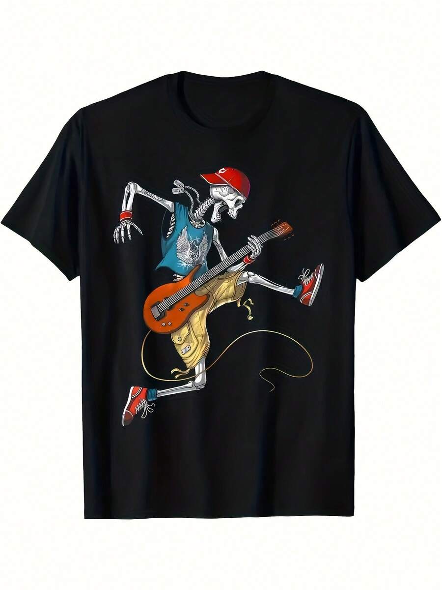 Camiseta casual y elegante para hombre, corte regular, manga corta, cuello redondo, con diseño de estampado moderno, perfecta para streetwear o estilo diario, o como regalo - Negro - Ver 1