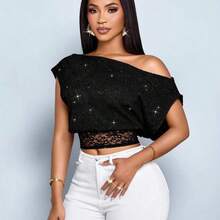Women's Elegant Music Festival Sheer Lace Black Lace Panel Detail Asymmetrical Neck Loose T-Shirt,Stylish Casual Party Top - Negro - Ver 6