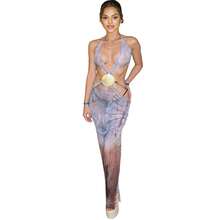 2026 Summer New Street Style Deep V Sexy Halter Neck Tie Backless High Waist Dress - 淺藍色 - 查看 5