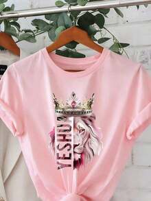 Compatible With Women's Clothing T-Shirt With Lion King Crown And Lioness Pattern - Beige With Pink And Gold Letters, Short Sleeve Round Neck Casual Spring Summer Top, Christian Faith Clothing With Lion Of Judah And Joshua Text Design, Machine Washable Casual Wear, Opaque Fabric, Loose Fit Lion Crown Print, Fashionable And Comfortable For Women, Breathable Material, Soft Fabric Loose And Comfortable Summer Tops - 粉色 - 查看 3