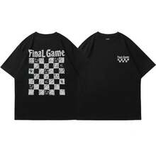 Camiseta de manga corta de estilo japonés, holgada y casual, con estampado de tablero de ajedrez pintado a mano, para parejas, hombres y mujeres. - Negro - Ver 1