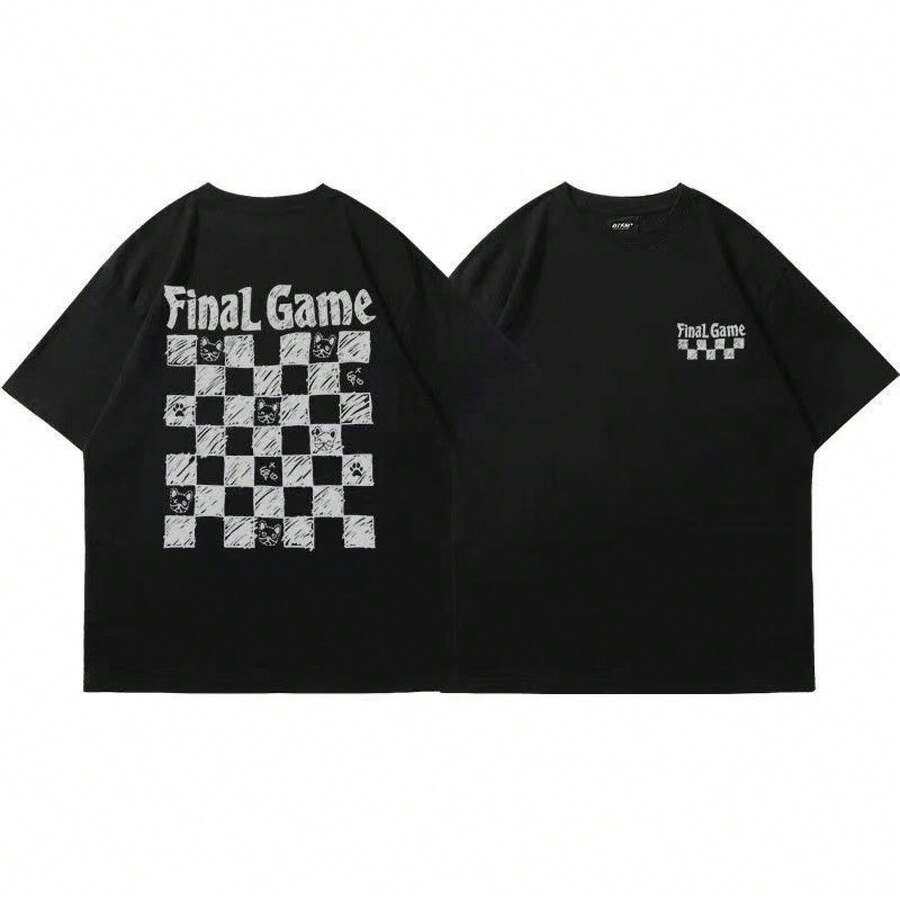 Camiseta de manga corta de estilo japonés, holgada y casual, con estampado de tablero de ajedrez pintado a mano, para parejas, hombres y mujeres. - Negro - Ver 1