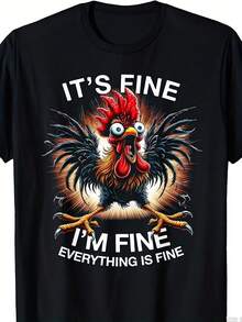 Camiseta gráfica divertida "Está bien, yo estoy bien", camiseta de pollo raro y loco. Mismo estilo para hombres y mujeres. Camiseta estampada de manga corta de verano 2025, 100% algodón, 220G, camiseta con frase divertida, atuendo de verano, obra de arte única, diseño retro, tela suave, transpirable. - Negro - Ver 7