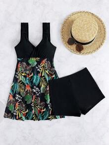 Swim Lushoire Conjunto de tankini de estampado tropical aleatorio con top de tirantes anudados tipo top largo y pantalones cortos tipo boxer, un conjunto de 2 piezas de traje de baño de verano - Multicolor - Ver 4