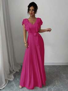 Vestido elegante y romántico de mujer con cuello en V, cintura con volantes y silueta en A - Rosa Fucsia - Ver 4