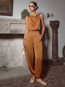 Sollinarry Conjunto de top sin mangas con cuello mao y hebilla metálica decorativa, y pantalones holgados con cintura ajustable con cordón, apropiado para salidas, vacaciones y festivales de música, elegante - Marrón - Ver 3