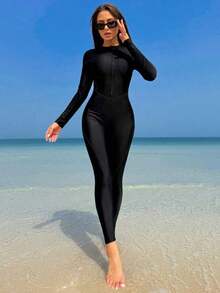 Bikinx Traje de baño de una pieza deportivo con cremallera frontal, manga larga, ajustado, con ribete de contraste de unicolor para vacaciones y playa en verano - Negro 2 - Ver 4