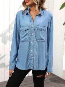 Camisa de mujer informal de manga larga con botones y bolsillo delantero, adecuada para uso al aire libre en otoño - Lavado ligero - Ver 6