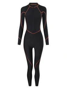 Bikinx Traje de baño de una pieza deportivo con cremallera frontal, manga larga, ajustado, con ribete de contraste de unicolor para vacaciones y playa en verano - Naranja Quemada - Ver 6