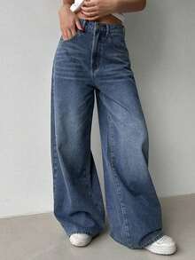 Jeans casuales de mujer de pierna ancha, unicolor, con bolsillo cargo suelto - Azul lavado medio - Ver 4