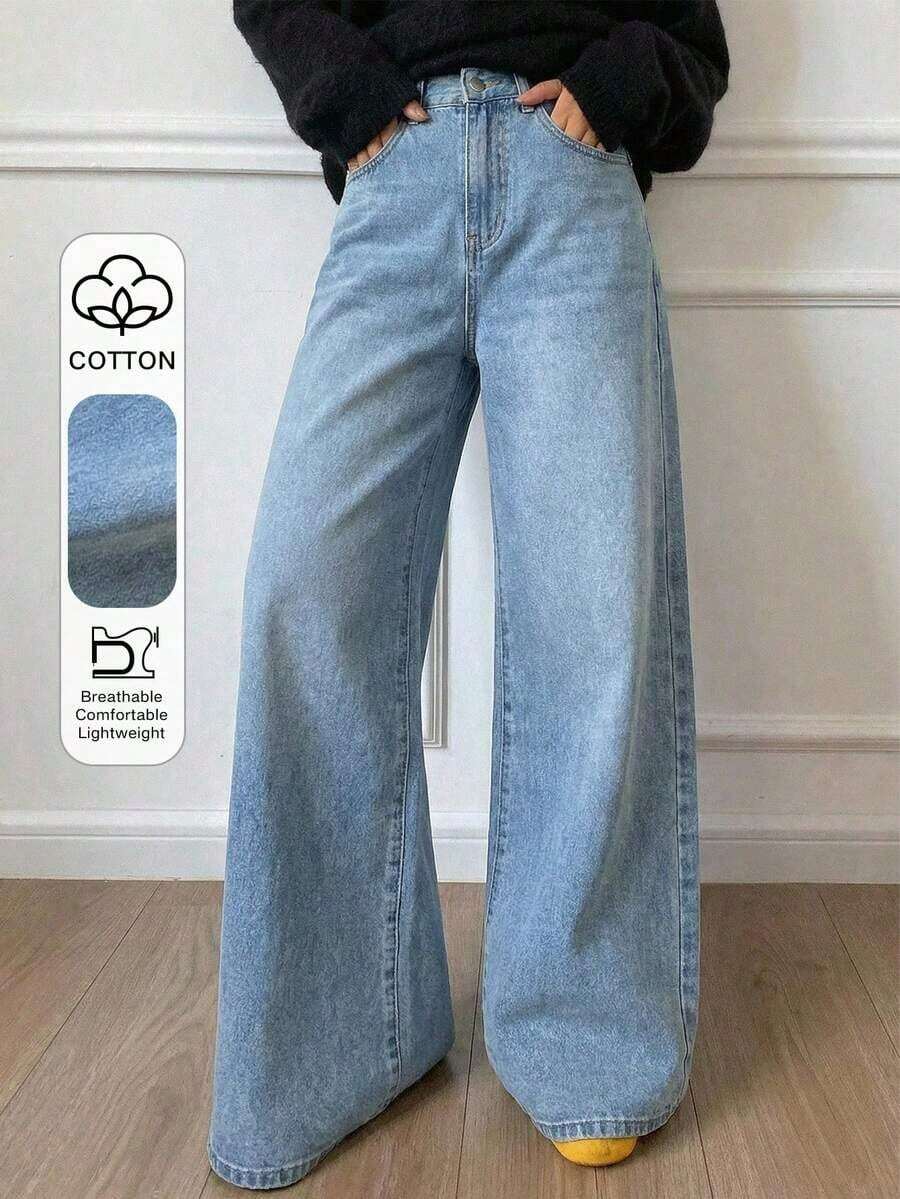 Jeans casuales de mujer de pierna ancha, unicolor, con bolsillo cargo suelto - Lavado ligero - Ver 1