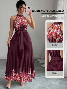 Vestido holgado de verano elegante con estampado floral y cuello halter para mujer - Rojo violeta - Ver 8