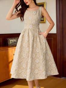 Vestido elegante sin mangas de cuello cuadrado con bolsillo de unicolor vintage para mujer, atuendo de verano, vestido de invitada de boda, vestido de regreso a la escuela, vestido de cumpleaños elegante para mujer, atuendo de cumpleaños elegante para mujer, atuendo de vacaciones para mujer, vestido elegante para mujer en otoño, ropa de mujer para vacaciones, vestido de iglesia para mujer, atuendo de iglesia para mujer, atuendo de festival para mujer, estilo de dinero antiguo, atuendo de brunch para mujer - Caqui - Ver 2