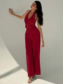 Top sin mangas con cuello en V y espalda abierta para mujer de oficina en primavera/verano y pantalones anchos de pierna, conjunto de estilismo adelgazante y alargador para ropa casual - Rojo - Ver 5