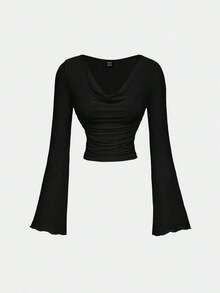 Conjunto de camiseta de manga larga ajustada con cuello de volantes, mangas acampanadas y plisadas en 3 colores - Rojo y negro - Ver 7