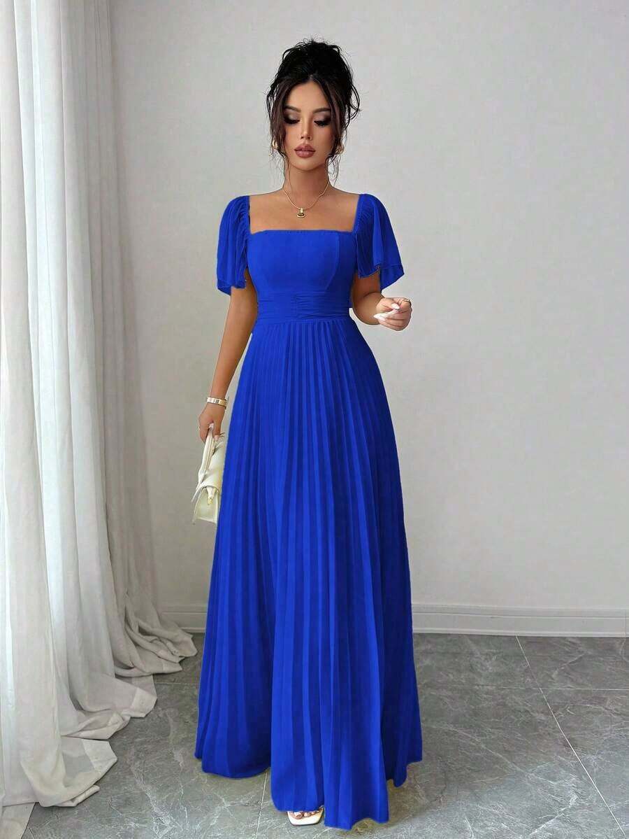 Vestido de línea A para mujer de color amarillo crema con cuello cuadrado y cintura ceñida, elegante y romántico - azul real - Ver 1