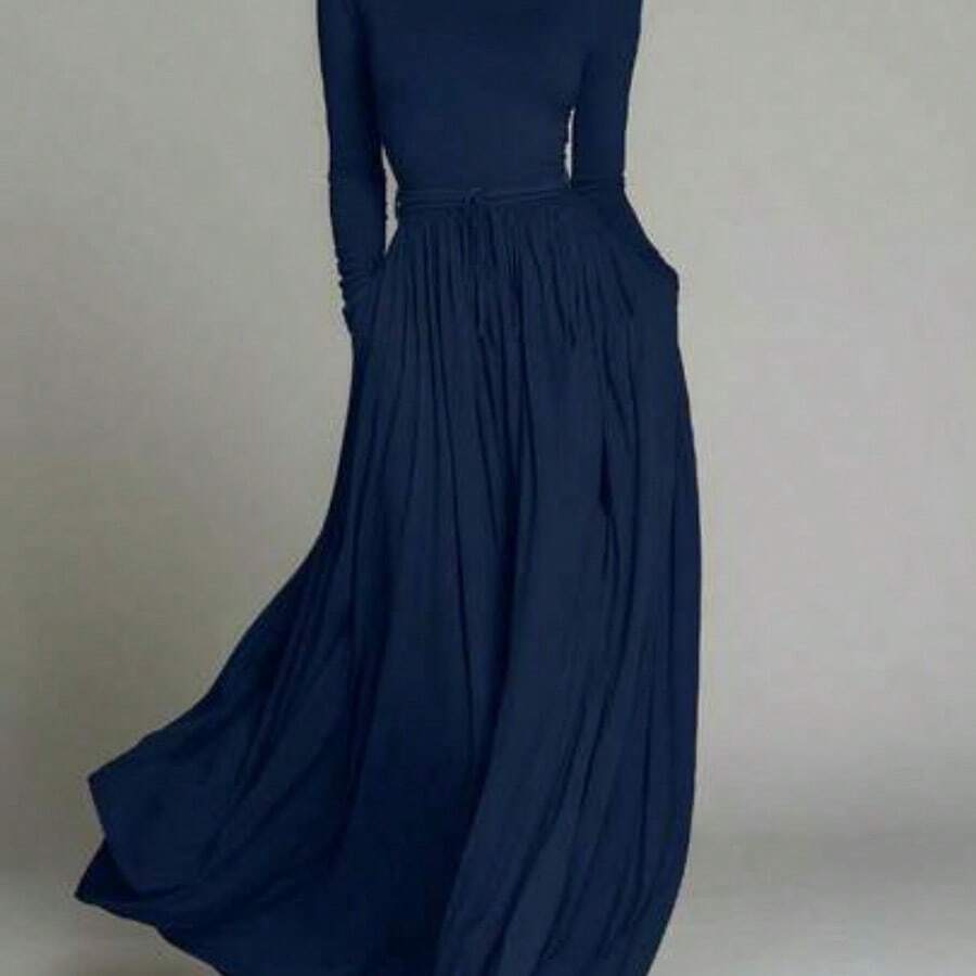 HUTENER Women's Long Dress, Solid Color Turtleneck Long Sleeve Bodycon Maxi Dress, Belted Waist Long Dress, Flowy Slimming, Retro Style, Versatile Office Wear Long Dress, Suitable For Spring, Summer And Autumn Elegant Black - Azul Marino - Ver 1