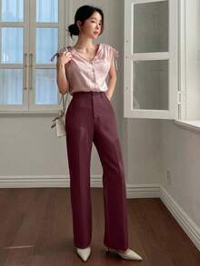 Pantalones casuales de mujer con bolsillo delantero liso, estilo casual de negocios, pantalones de vestir de mujer de talle bajo - Verde militar - Ver 2