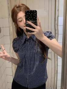 Vintage Blue Plaid Petal Sleeve Shirt, New Arrival Japanese Style Loose Casual Blouse Top Summer - Blue - View 2