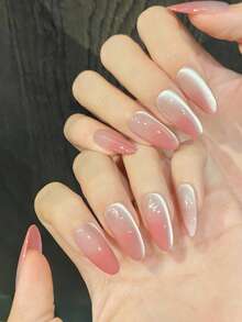 10pcs/Set Press On Nail Tips, Berry, Plum Color, Side Light Cat's Eye, Blush Gradient, Simple, Handcrafted Nail Stickers For Wearing. - Pink - View 3