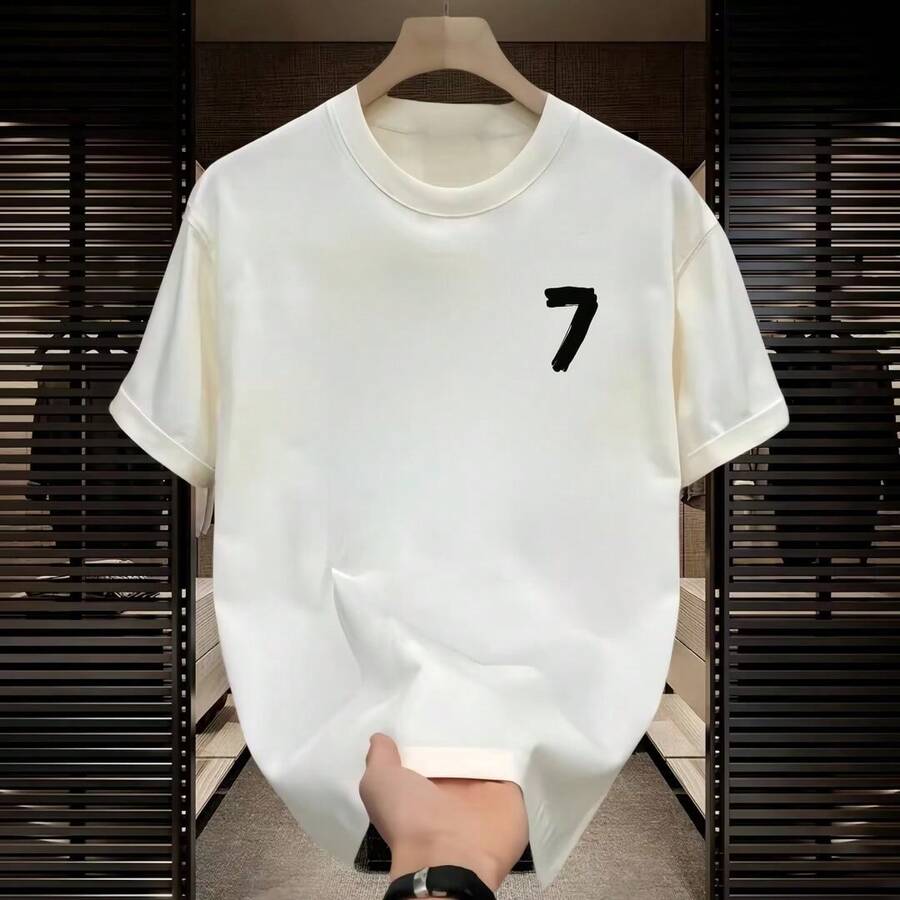 [Zona de 10% de Descuento]  de Outlet: Camiseta de Manga Corta Estilo Americano, Tejido Grueso, Corte Holgado, Cuello Redondo - Blanco - Ver 1