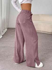Unity Pantalones largos rectos y sueltos con abertura lateral de pana de moda casual para otoño/invierno para mujeres - Negro - Ver 9
