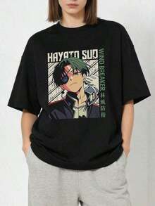 Fashion Printed T‑Shirts for Women, Oversized Streetwear Tops, Comfortable and Stylish All‑Match Summer TeesCamiseta de manga corta de cuello redondo suave y casual de verano para mujer, con estampado vintage de personaje de anime Hayato Sudo Wind Breaker con texto en kanji. - Negro - Ver 5