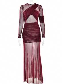 Vestido largo malla transparente manga larga plisado, corte ajustado estilo chic sensual moda - Burdeos - Ver 7
