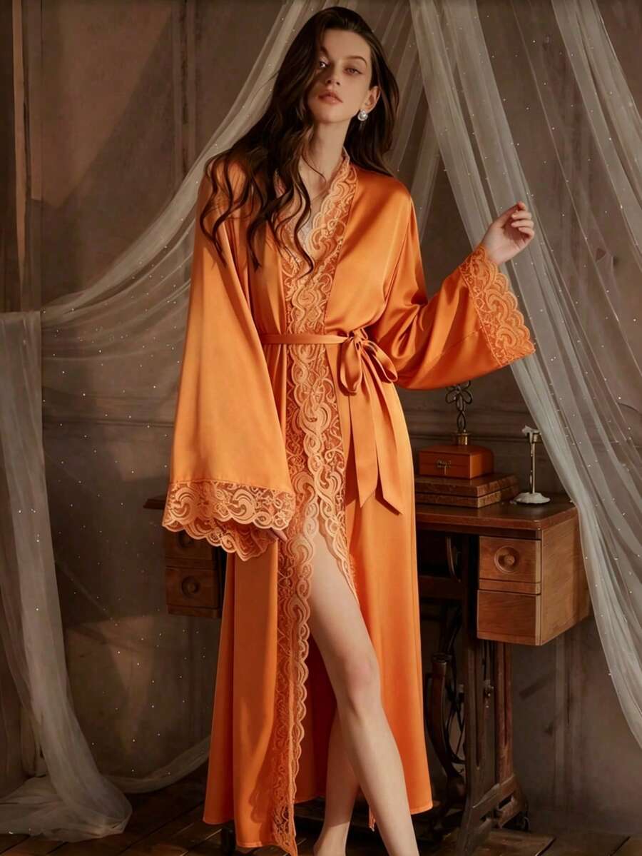 QING ROU Women's Elegant Satin Robe, Soft Lace Trim, Flared Long Sleeves, Silky & Comfortable, With Belt, Suitable For Home Wear - Orange - View 1