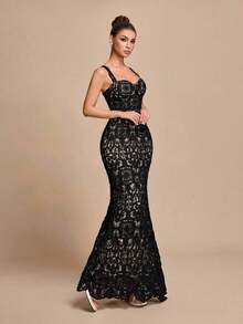 Vestido de fiesta elegante con tirantes finos, dobladillo de cola de pez ajustado y dobladilla de coleta para mujer - Negro - Ver 7