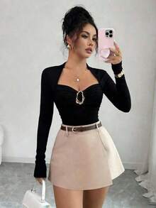 Nuevo conjunto de moda elegante estilo francés, blusa de cuello cuadrado con pliegues que favorece el busto, camiseta de manga larga de ajuste ceñido + falda-pantalón asimétrica de cintura elástica, conjunto casual y versátil de 2 piezas para muje - Multicolor 2 - Ver 2