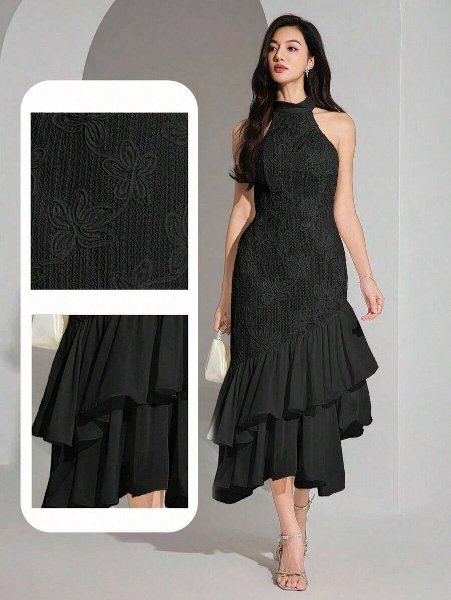 Vestido midi elegante de mujer con cuello halter, bajo con volantes y patchwork de jacquard - Negro - Ver 1