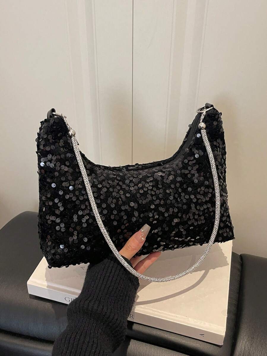1 chiếc túi đeo vai một bên bằng nhựa PVC đính sequin bóng, khóa kéo, kiểu dáng thời trang, có dây đeo xích, thích hợp cho phụ nữ dự tiệc, hẹn hò, sử dụng buổi tối. - màu đen - Xem 1